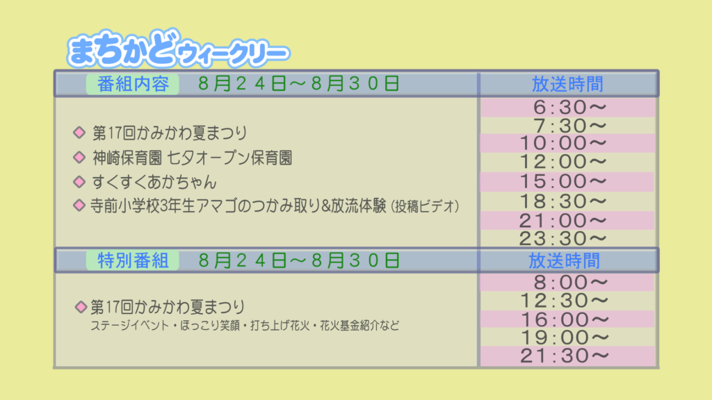 まちかどウィークリー番組内容
・第17回 神河夏祭り
・神崎保育園 七夕オープン保育園
・すくすく赤ちゃん
・投稿ビデオ 寺前小学校3年生 アマゴのつかみ取り&放流体験
特別番組
・第17回 神河夏祭り　ステージイベント、ほっこり笑顔、打ち上げ花火、花火基金紹介など