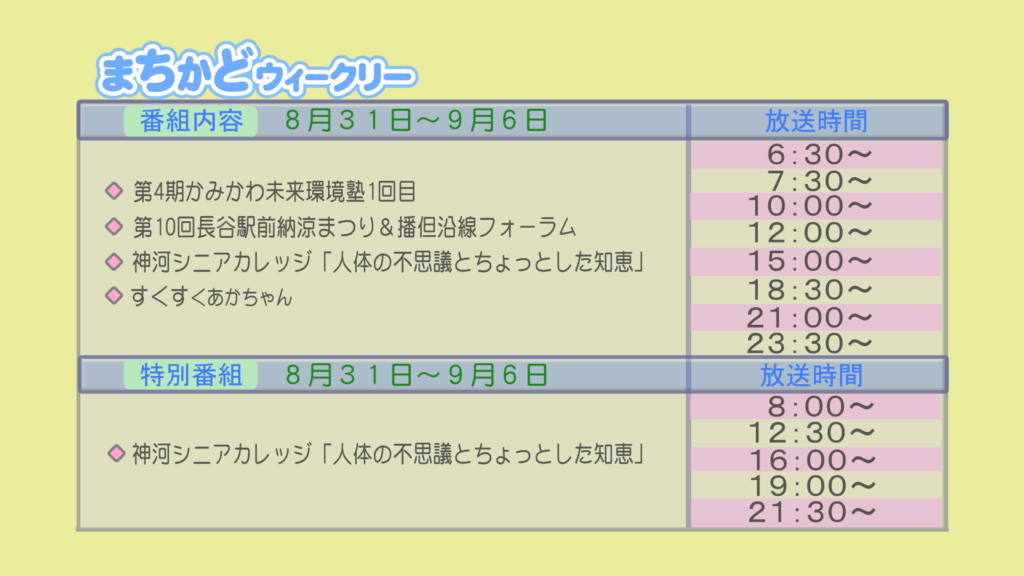 まちかどウィークリー番組内容
・第4期 神河未来環境塾 一回目
・第10回 長谷駅前納涼祭り&播但沿線フォーラム
・神河シニアカレッジ「人体の不思議とちょっとした知恵」
・すくすく赤ちゃん
特別番組
・神河シニアカレッジ「人体の不思議とちょっとした知恵」