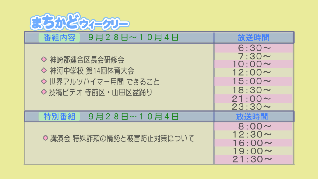 まちかどウィークリー番組内容
・神崎郡連合区長会　研修会
・神河中学校　第14回体育大会
・世界アルツハイマー月間　できること
・投稿ビデオ　寺前区・山田区　盆踊り
特別番組
・講演会　特殊詐欺の情勢と被害防止対策について