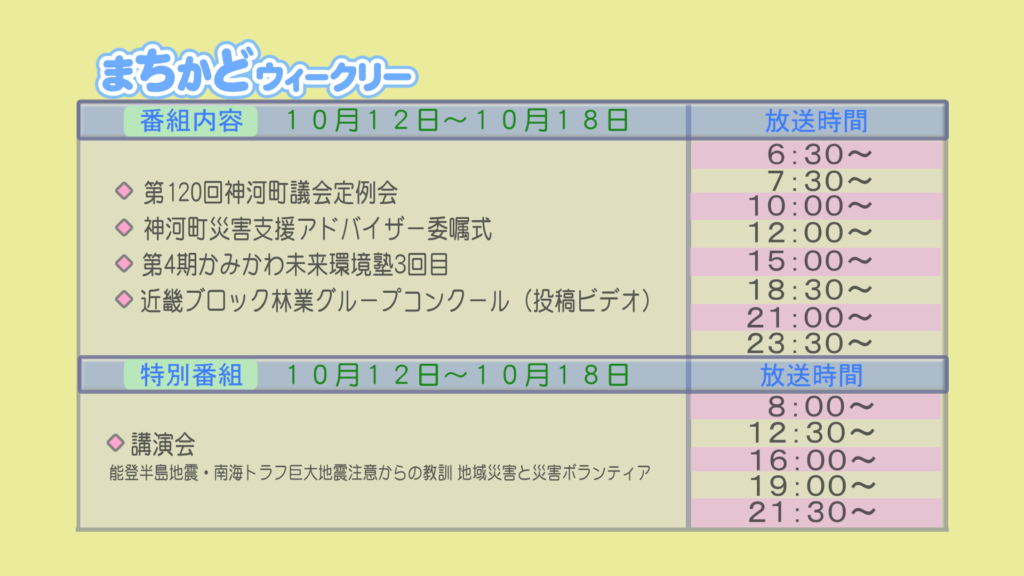 まちかどウィークリー番組内容
・第120回　神河町議会定例会
・神河町　災害支援アドバイザー委嘱式
・第4期　神河未来環境塾　3回目
・投稿ビデオ　近畿ブロック　林業グループコンクール
特別番組
・講演会　能登半島地震・南海トラフ巨大地震注意からの教訓　地域災害と災害ボランティア