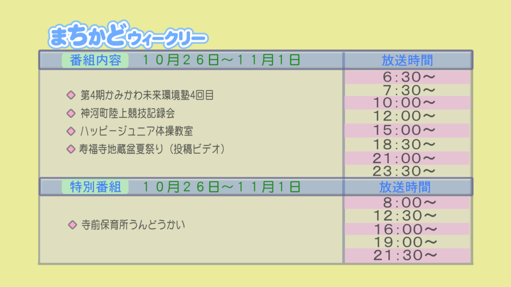 まちかどウィークリー番組内容
・第4期　神河未来環境塾　4回目
・神河町　陸上競技記録会
・ハッピージュニア体操教室
・投稿ビデオ　寿福寺　地蔵盆夏祭り
特別番組
・寺前保育園　運動会