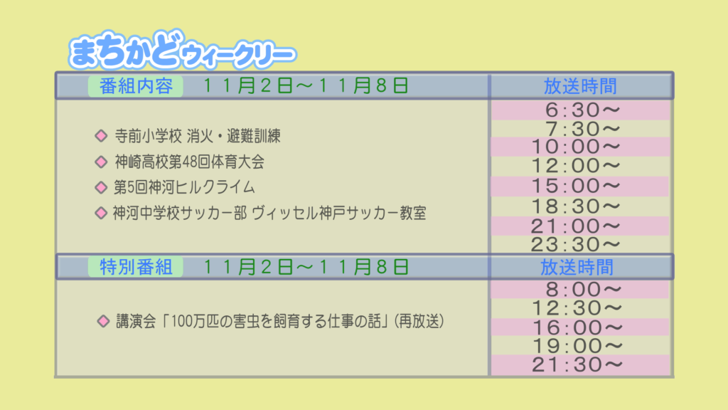 まちかどウィークリー番組内容
・寺前小学校　消火・避難訓練
・神崎高校　第48回体育大会
・第5回　神河ヒルクライム
・神河中学校サッカー部　ヴィッセル神戸サッカー教室
特別番組
・再放送　講演会「100万匹の害虫を飼育する仕事の話」