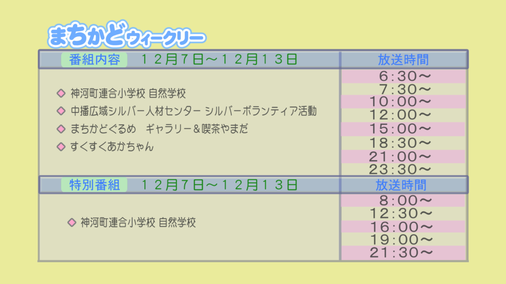 まちかどウィークリー番組内容
・神河町連合小学校　自然学校
・中播広域シルバー人材センター　シルバーボランティア活動
・街角グルメ　「ギャラリー&喫茶山田」
・すくすく赤ちゃん
特別番組
・神河町連合小学校　自然学校