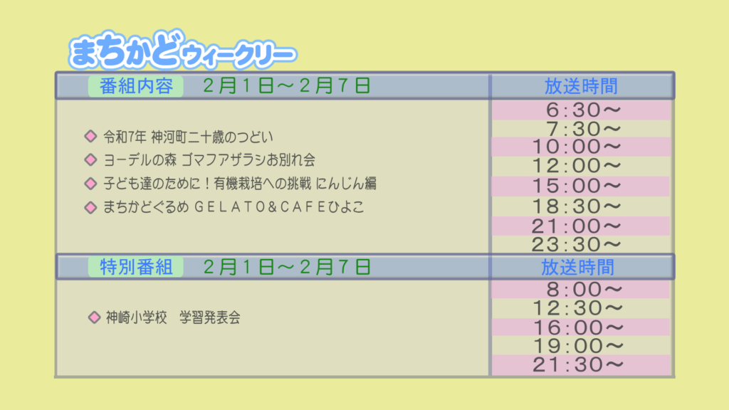 まちかどウィークリー番組内容
・令和7年　神河町二十歳の集い
・ヨーデルの森　ゴマフアザラシお別れ会
・子供達の為に！有機栽培への挑戦　にんじん編
・街角グルメ「ジェラート&カフェひよこ」
特別番組
・神崎小学校　学習発表会