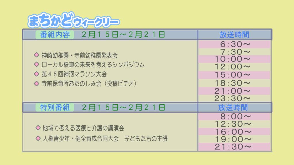 まちかどウィークリー番組内容
・神崎幼稚園・寺前幼稚園　発表会
・ローカル鉄道の未来を考えるシンポジウム
・第48回　神河マラソン大会
・投稿ビデオ　寺前保育所　お楽しみ会
特別番組
・地域で考える医療と介護の講演会
・人権青少年・健全育成合同大会　子供たちの主張